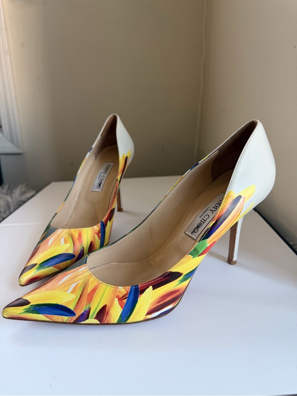 Jimmy Choo Multicolor & White Pointed-Toe Heels